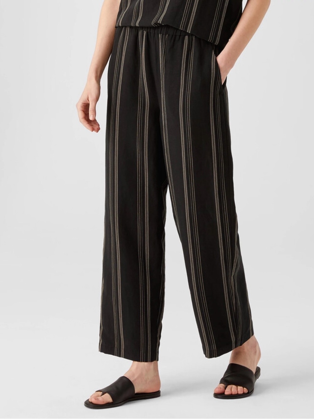 Eileen Fisher Organic Linen Blend Striped Straight Leg Pants Black Size S/P